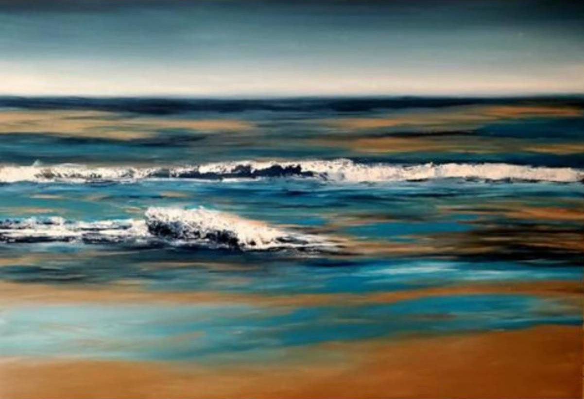 Coastal Harmony - seascape with seagulls flying over blue ocean waves and sailboats